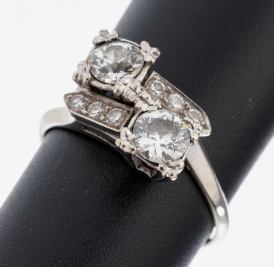 14 kt Gold Diamant-Ring, 1930er Jahre, WG 585/000, gegenläufig gearbeitet, 2 Altschliffdiamanten zus. ca. 1.10 ct Weiß/p, 6 8/8-Diamanten zus. ca. ...