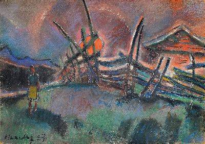 Helmut Wanschap, 1911 Berlin-1987 Kusel, Gouache auf Karton, Landschaft im Abendrot, links unten signiert und datiert 1957, 34x46 cm, unter Glas ...