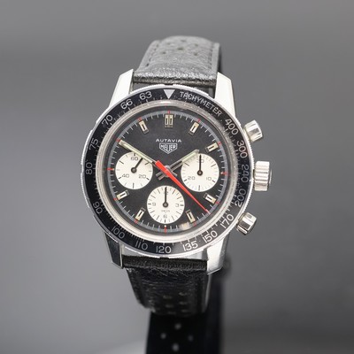 HEUER Autavia Schaltradchronograph Referenz 2446C, Handaufzug, Schweiz um 1970, Boden aufgedr., schwarze Kontrastzifferbl. mit silb. Hilfszifferbl., ...