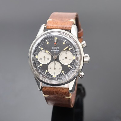ENICAR Sherpa Graph großer Schaltradchronograph Valjoux 72 in Stahl, Schweiz um 1968, pol. Geh. m. Bajonette- Verschl., schwarz. Zifferbl. m. silb. ...