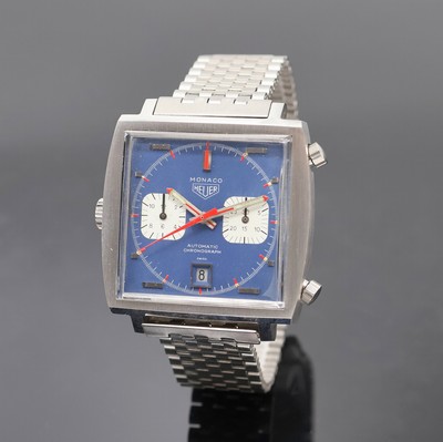 HEUER Monaco "Steve McQueen" Armbandchronograph Referenz 1133, Schweiz um 1972, Automatik, Edelstahl Monocoque-Geh. inkl. orig. NSA ...