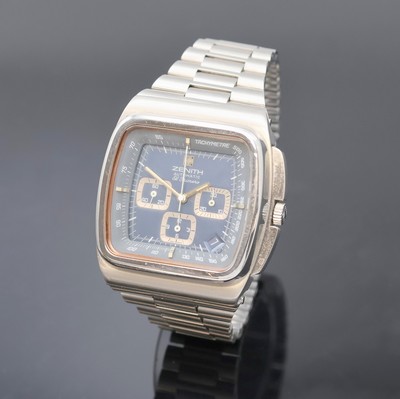 ZENITH El Primero TV-Screen Armbandchronograph Referenz 01-0200-415 in Stahl, Schweiz um 1975, Automatik, verschr. Geh. m. integr. Band m. Faltschl., ...