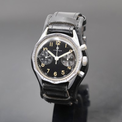 JUNGHANS Bundeswehr Armbandchronograph, Deutschland um 1960, Handaufzug, verchr. Geh., Stahlboden verschr., Lederband m. Dornschl., Lünette m. 60er ...