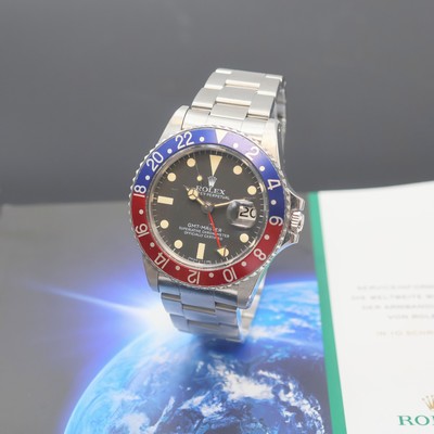 ROLEX Oyster Perpetual GMT-Master Herrenarmbanduhr Referenz 1675, Schweiz um 1978, Automatik, Chronometer der Superlative in Edelstahl inkl. orig. ...