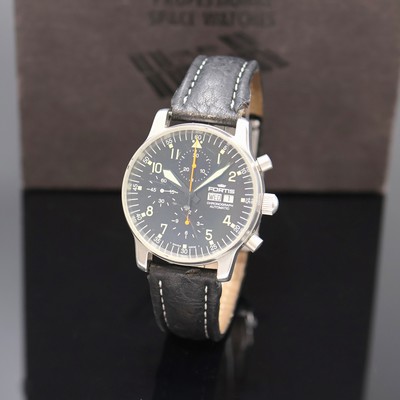 FORTIS Armbandchronograph Referenz 597.10.141, Schweiz um 1995, Automatik, matt. Edelstahlgeh., Boden verschr., schwarzes Zifferbl. m. arab. Tritium ...