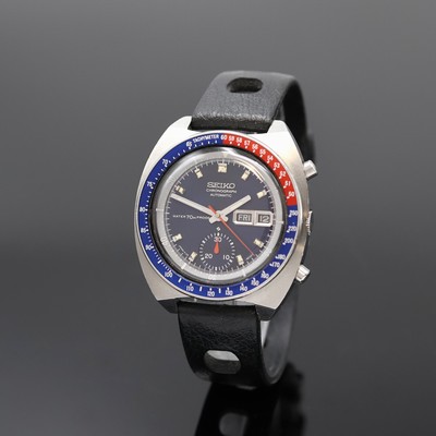 SEIKO Schaltradchronograph Referenz 3139-6000, Japan um 1969, Automatik, Edelstahlgeh., Boden verschr., neutr. Tropic-Band m. Dornschl., Lünette m. ...
