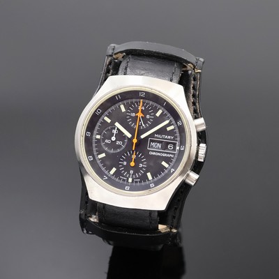 ARCTOS Military Herrenchronograph für die Bundeswehr, Schweiz um 1980, Automatik, Edelstahlgeh. inkl. Bundeswehr-Lederband m. Dornschl., Boden ...