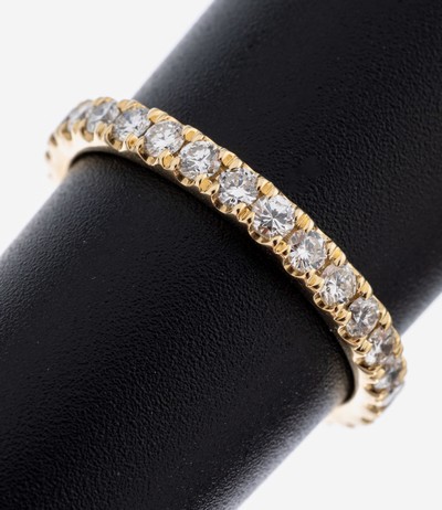 14 kt Gold Brillant-Memoryring, GG 585/000, 29 Brillanten zus. ca. 1.13 ct (grav.) feines Weiß-Weiß/vs-si, RW 57, ca. 2.4g
