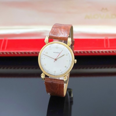 MOVADO Armbanduhr in GG 750/000, Schweiz um 1940, Handaufzug, 3-teil. Geh. mit ausgef. Bandanst. rep./dell., Boden und Glasrand aufgedr., silb. ...