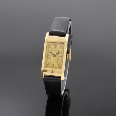 LACO rechteckige Armbanduhr in GG 585/000, Deutschland um 1935, Handaufzug, 2-teil. Scharniergeh., gold. Duoton-Zifferbl., gebl. Zeiger, silb. Werk ...