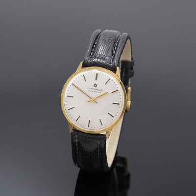 JUNGHANS Herrenarmbanduhr in GG 585/000, Deutschland um 1965, Handaufzug, 2-teil. Geh., Boden aufgedr., silb. Zifferbl., gold. Indizes und Zeiger, ...