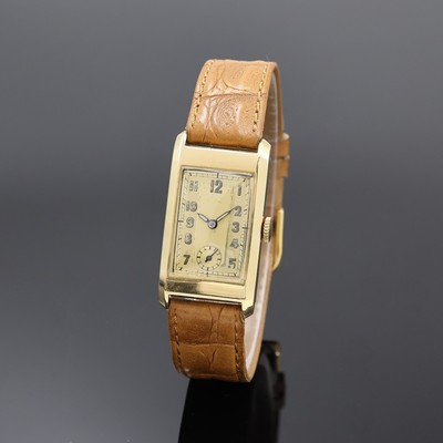 LACO rechteckige Armbanduhr in GG 585/000, Deutschland um 1940, Handaufzug, 2-teil. Scharniergeh., gold. Duoton-Zifferbl. m. arab. Leuchtzahlen, ...