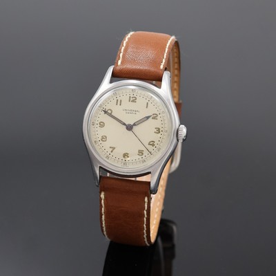 UNIVERSAL GENEVE Armbanduhr in Stahl, Schweiz um 1940, Handaufzug, 2-teil. Geh., Boden verschr., silb. Zifferbl. m. arab. Leuchtzahlen pat., gebl. ...