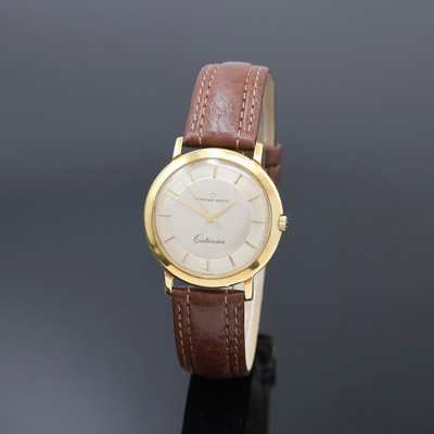ETERNA MATIC Centenaire Herrenarmbanduhr in GG 585/000, Schweiz um 1960, Automatik, 2- teil. Geh., Boden aufgedr., am Rand radial guill., silb. ...