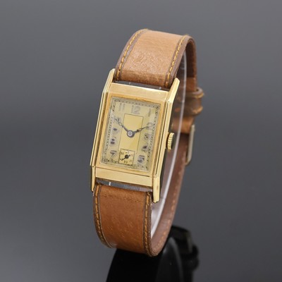 HFB rechteckige Armbanduhr in GG 585/000, Deutschland um 1938, Handaufzug, 2-teil. Scharniergeh., gold. Duoton-Zifferbl. pat., gebl. Kathedralzeiger, ...