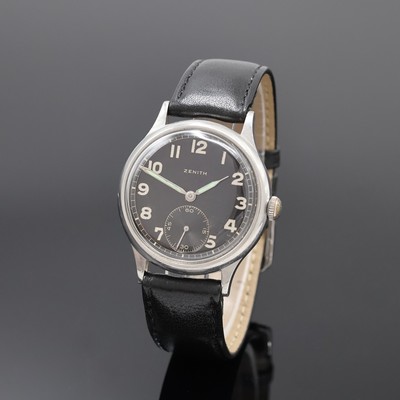ZENITH Herrenarmbanduhr des Deutschen Heeres in Stahl, Schweiz um 1940, Handaufzug, 2- teil. Geh., Boden verschr., schwarzes Glanzzifferblatt m. ...