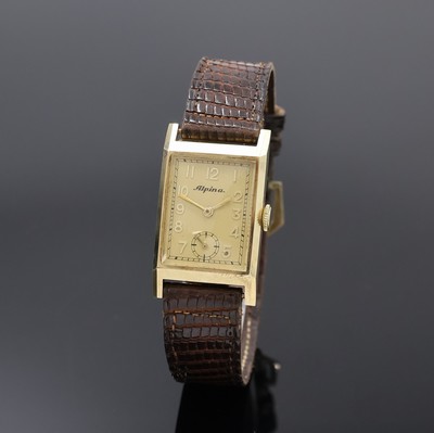 ALPINA rechteckige Armbanduhr in GG 585/000, Schweiz um 1935, Handaufzug, 2-teil. Scharniergeh., Boden m. Widmungsgravur, gold. Zifferbl. gold. arab. ...