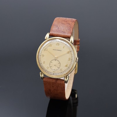 MOVADO Herrenarmbanduhr in GG 585/000, Schweiz um 1940, Handaufzug, 2-teil. Geh., Lünette aufgedr., Tropfenförm. Bandanst., silb. Zifferbl. m. ...