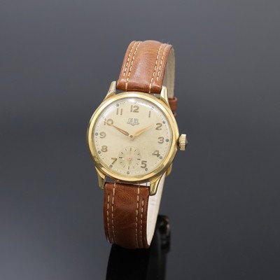 GUB vergoldete Herrenarmbanduhr Kaliber 60, DDR um 1955, Handaufzug, 2-teil. Geh., Stahlboden verschr., silb. Zifferbl. pat., gold. arab. Zahlen, ...