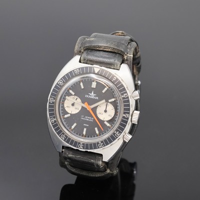 DUGENA Armbandchronograph in Stahl, Schweiz um 1970, Handaufzug, Edelstahlgeh., Boden verschr., Lün. m. Std.- und Min.-Teilung beids. drehb., ...