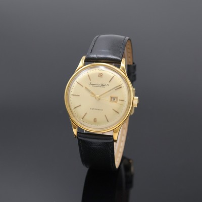 IWC Herrenarmbanduhr in GG 750/000, Schweiz um 1962, Automatik, 3-teil. Geh., Boden und Glasrand aufgedr., orig. Krone, gold. Zifferbl. rest., Datum ...