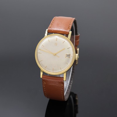 OMEGA vergoldete Herrenarmbanduhr Referenz 14731SC62, Schweiz um 1962, Handaufzug, 3- tlg. Geh., Glasrand u. korr./rep. Stahlboden aufgedr., orig. ...