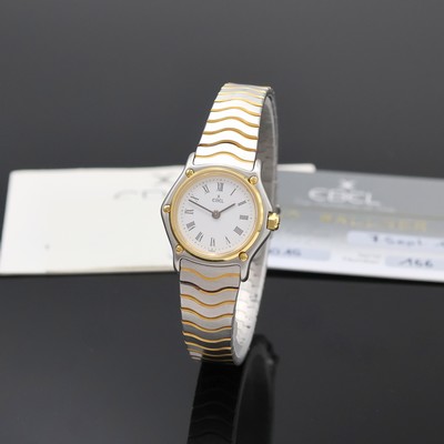 EBEL Damenarmbanduhr in Stahl/Gold Referenz 166901, Schweiz um 1995, quartz, Monocoque- Geh., 5-fach verschr. GG 750/000 Lünette, orig. ...
