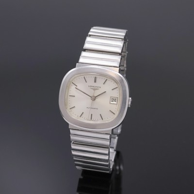 LONGINES Herrenarmbanduhr in Stahl/Stahlband, Schweiz um 1972, Automatik, verschr. TV- Screen-Geh., orig. Krone, silb. Zifferbl. fl., silb. Indizes ...