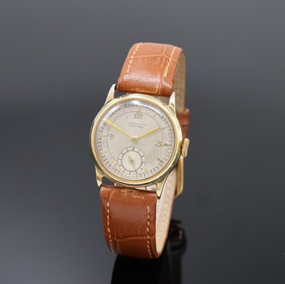 MOVADO Chronometre Armbanduhr in GG 585/000, Schweiz um 1935, Handaufzug, 3-tlg. Geh., Boden m. Widmungsgrav. u. Glasrand aufgedr., silb. Zifferbl. ...