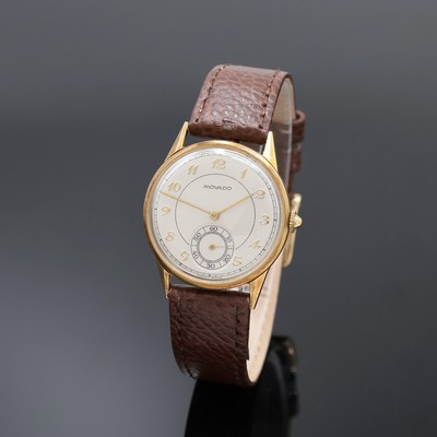 MOVADO Armbanduhr in GG 375/000, Schweiz um 1935, Handaufzug, 3-tlg. Geh., Boden u. Glasrand aufgedr., silb. Zifferbl. m. Breguetzahlen rest., gold. ...