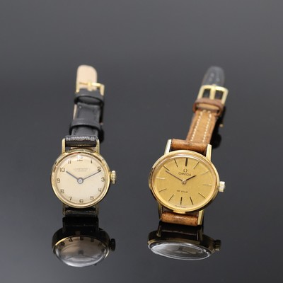 OMEGA/JUNGHANS 2 Damenarmbanduhren in GG 750/000 & GG 585/000, Schweiz/Deutschland um 1980/1965, Handaufzug, 2-tlg. Geh., Böden aufgedr., 1) Omega ...
