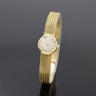 ETERNA Damenarmbanduhr in GG 585/000, Schweiz um 1960, Handaufzug, 2-tlg. Geh. m. anges. Milanaiseband, Boden aufgedr., silb. Zifferbl. pat., gold. ...