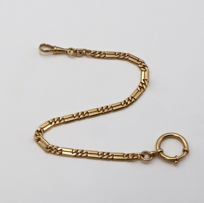 Taschenuhrkette in GG 585/000, um 1920, gleichmäßige Panzerkette m. langen Zwischengliedern, Karabiner und Federring, 26 cm, Gew. ca. 27g, in ...