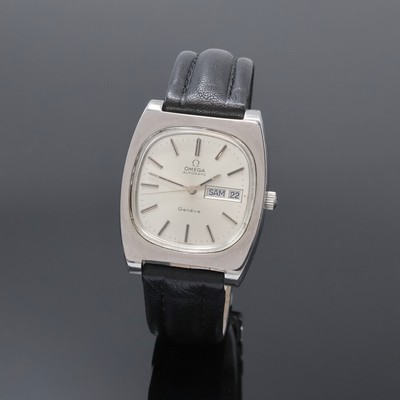 OMEGA Geneve Herrenarmbanduhr in Stahl Referenz 166.0188, Schweiz um 1974, 2-tlg. TV-Screen-Geh., Boden m. Widmungsgrav. verschr., orig. Krone, silb. ...