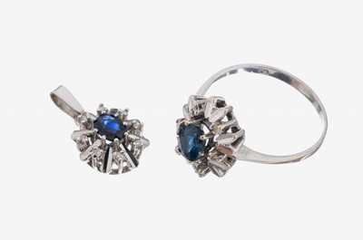 14 kt Gold Saphir-Diamant-Konvolut, WG 585/000, best. aus: 1 Ring, RW 50, ovalfacett.Saphir ca. 0.80 ct, 6 8/8-Diamanten zus. ca. 0.03 ct Weiß/p, ...