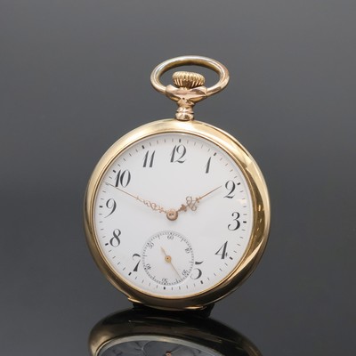 Carl Breitschwerdt, Frankfurt a.M. offene Herrentaschenuhr in GG 585/000, Schweiz um 1910, guill. Geh., sign. Metallcuvette verg., Emailzifferbl. m. ...