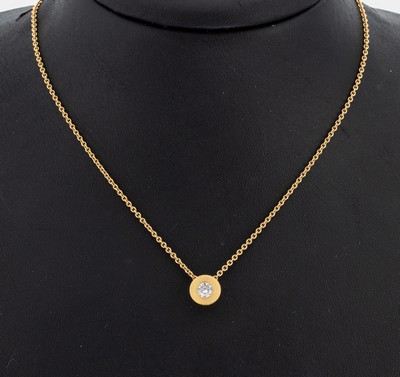18 kt Gold Brillant-Collier, GG 750/000, bewegl. Anhänger, Brillant 0.33 ct (grav.) feines Weiß/si, L. ca. 43 cm, Karabinerschließe, ca. 6.3 g