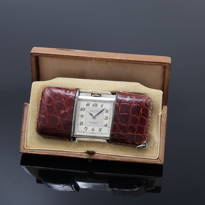 MOVADO Ermeto in Silber im original Etui, Schweiz um 1930, Handaufzug, Leder-bezogenes Schiebe-Geh., silb. Duoton-Zifferbl., Breguet- Leuchtzahlen, ...