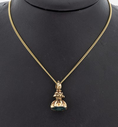 14 kt Gold Petschaft, um 1880, GG 585/000 gepr., qualitätvolle Verarbeitung, Heliotrop mit Intaglio, Darstellungen eines Pfeilbündel mit Schlange, ...