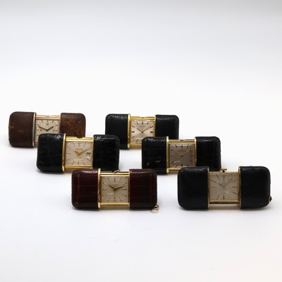 5 MOVADO ERMETO und 1 Pontifa Schiebeuhr, Schweiz um 1930 - 1960, 1 x Handaufzug, 5 x Schiebeaufzug, verg., Leder-bezogene Geh., silb. Zifferbl., 5 x ...