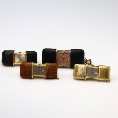 4 Movado ERMETO vergoldete Schiebeührchen, Schweiz um 1930 - 1960, Schiebeaufzug, verg. Geh., 3 x Leder-bezogen, 1 x verg. m. Borken-Struktur, 1 x ...