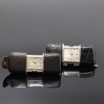 2 MOVADO Ermeto Schiebeührchen in Silber und Nickel, Schweiz um 1930 / 1960, Schiebeaufzug, Leder-bezogene Geh., silb. Zifferbl. m. silb. Zahlen / ...