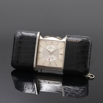MOVADO Ermetophon Schiebeührchen mit Wecker,Schweiz um 1960, Schiebeaufzug, Leder- bezogenes Nickelgeh., silb. Duoton-Zifferbl., silb. Indizes und ...