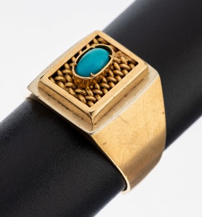 18 kt Gold Türkis-Ring, GG 750/000, kl. ovaler Türkis-Cabochon, RW 61, ca. 9.9 g