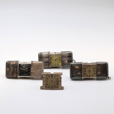 4 MOVADO Ermeto Schiebeührchen in Silber und eine Silberkette, Schweiz um 1930, Schiebeaufzug/Handaufzug, Geh.: 1 x Streifenguill., 1 x ehem. Tula, ...