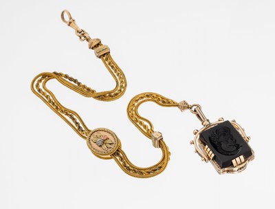 Ausgefallene 14 kt und 8 kt Gold Uhrenkette mit Schieber und Siegelanhänger, wohl England um 1850/60, GG/RG 585/000 und 333/000, gepr., 3-reihige ...