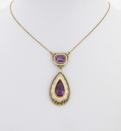 Ausgefallenes 14 kt Gold Amethyst-Email- Collier, süddeutsch oder Österreich um 1900, GG 585/000, tropfenf. Amethyst und oktagonal facett. ...