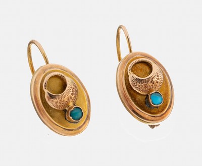 Paar 14 kt Gold Jugendstil Türkis-Ohrgehänge, Österreich, um 1900, GG 585/000, aufgelegteVerzierungen mit kl. Türkisen, in Etui aus derZeit, ...