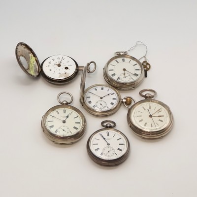 6 schwere Silbertaschenuhren, Schweiz/England/USA um 1808 bis 1920, 5 x Schlüsselaufzug, 1 x Kronenaufzug, 4 x offen, 2 x Halbsavonette, ...
