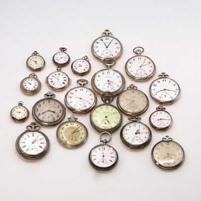20 offene Silbertaschenuhren Gewicht ca. 1.130g, Schweiz/England/USA um 1890 bis 1930, glatt/guill. Geh. ber./dell., 16 x Emailzifferbl., 4 x ...